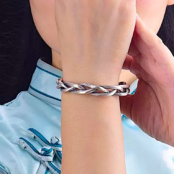 Braided Sterling Silver Bangle Cuff Bracelet - Picture 12 of 16